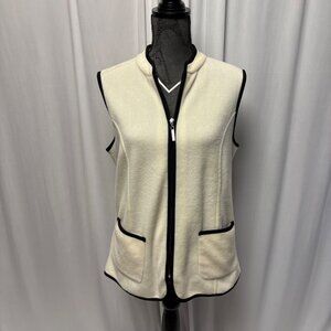 Susan Graver Fleece Vest Womens Size Small Cream Black Trim Sleeveless Zip-Up